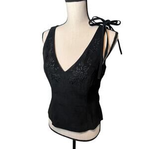 Vintage Parallel Black Suede V Neck Top with Laser Cut Outs 90s‎ Y2K 6 Western